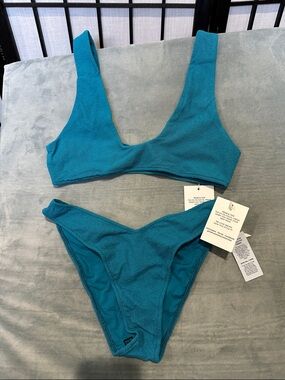 JMP Terry Teal Bandeau Tiny Bikini Top & Bottom Set NEW Medium